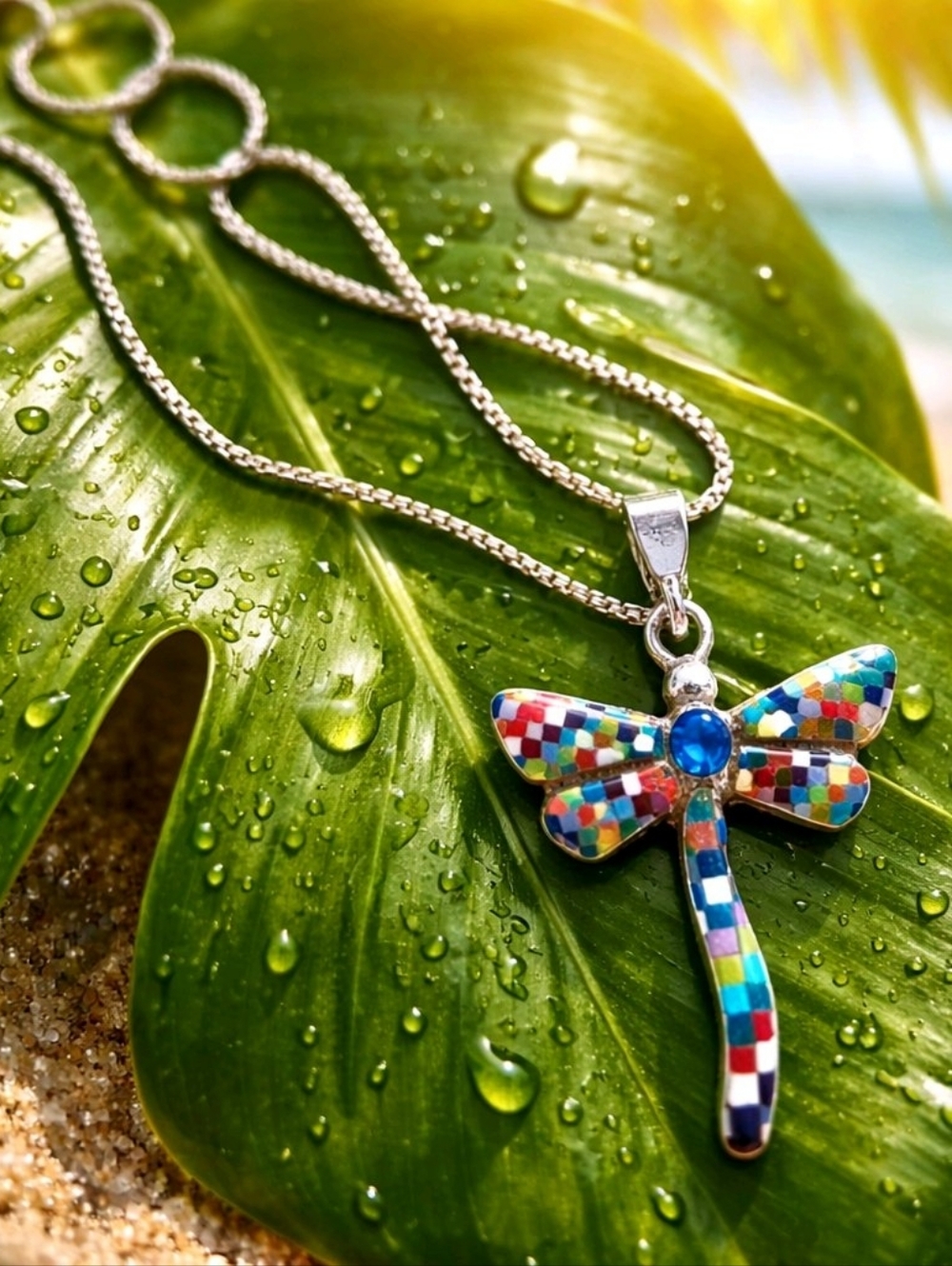 Amazing Drangonfly Microinlay Semiprecious Mosaic 925 Silver Artisan Pendant